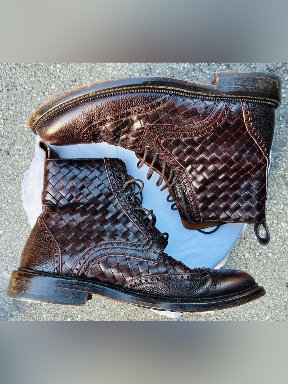 Taft Chocolate Saint Woven Leather Lace-Up Boots, Size 9